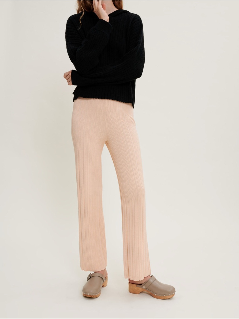 Maje Ribbed Wide-Leg Knit Pants in Light Peach